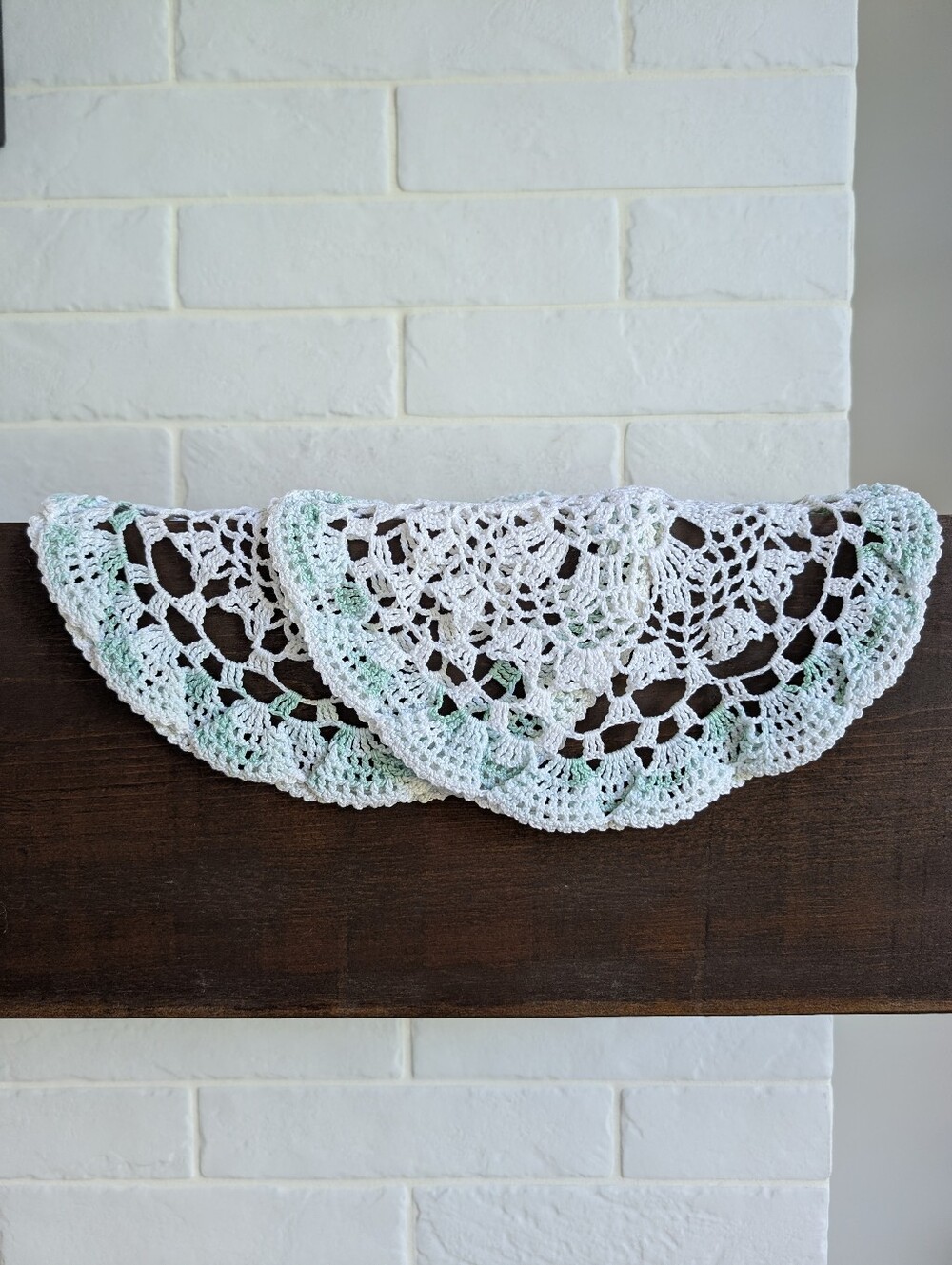 4/$20 Set Of Two Matching White And Mint Green Crochet Handmade Doilies